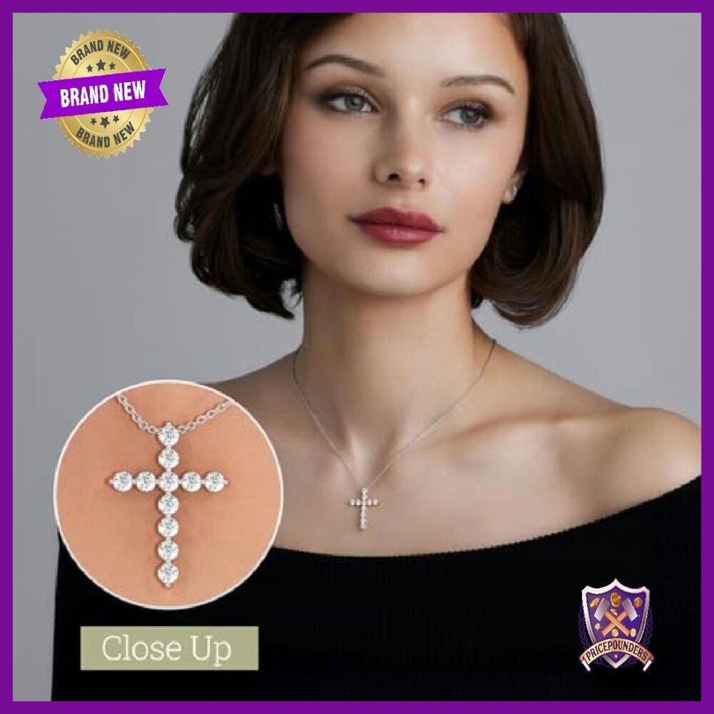 1ct Lab Diamond Cross Pendant Necklace Sterling Silver 18in Chain - Picture 4 of 8